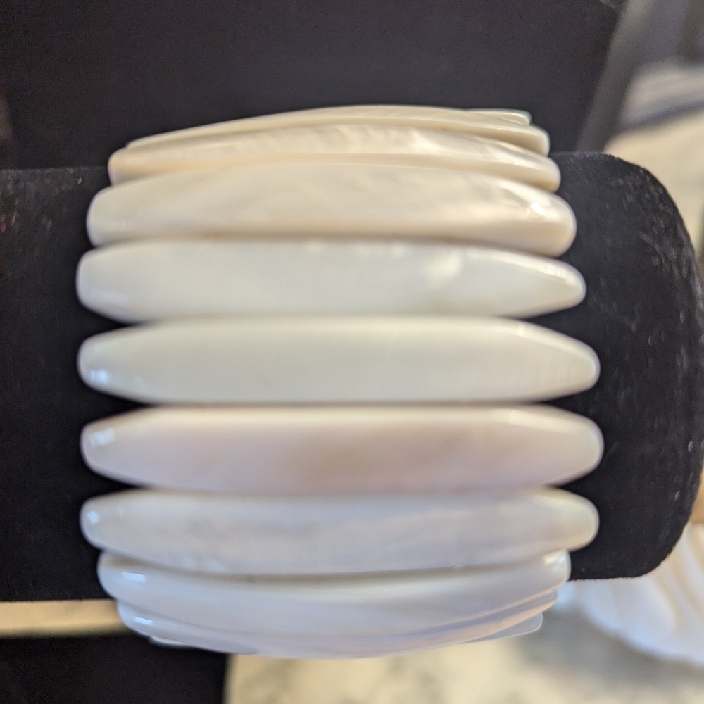 White Mother Of Pearl Shell Bracelet Long Thick Stretch
